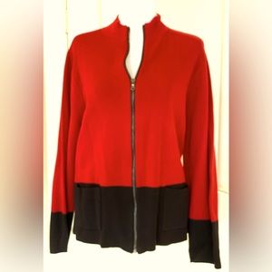 Chicos Zip Cardigan Sweater, Red and Black Colorblocked, Size 3
